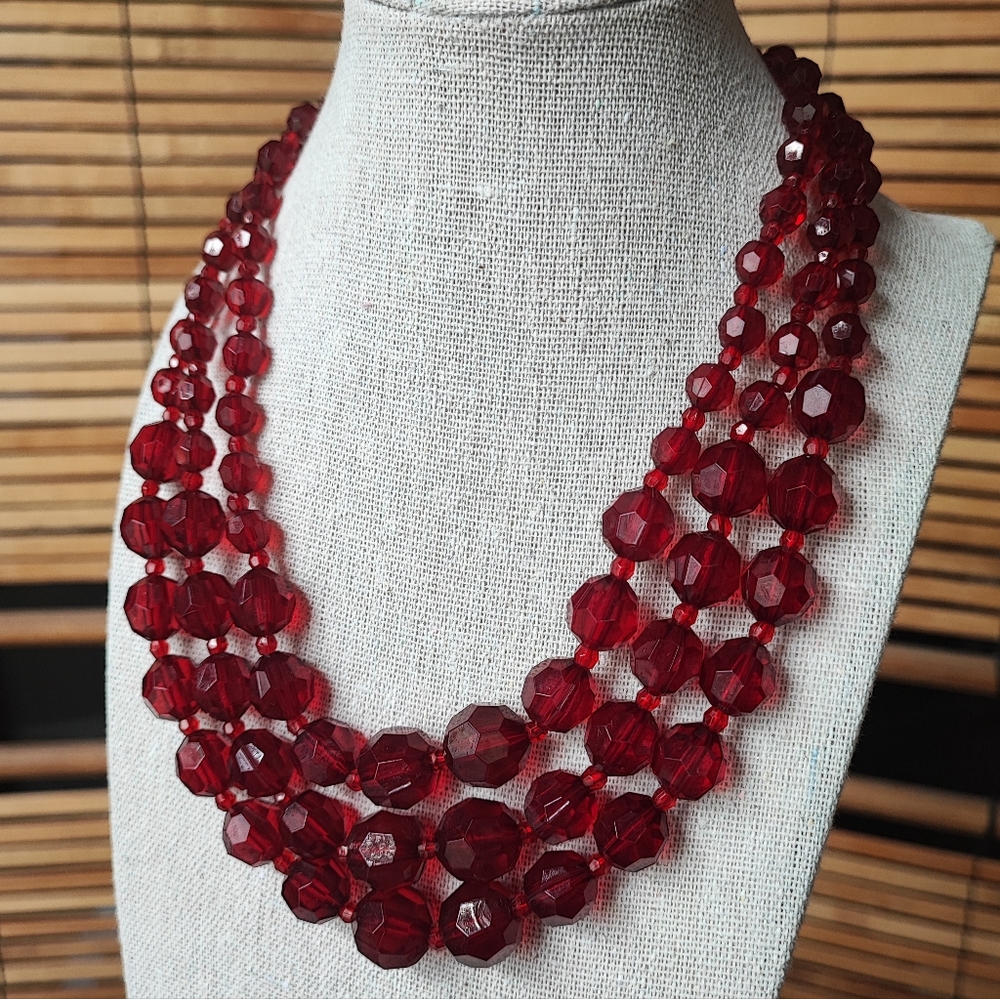 Triple Strand Cherry Red Plastic Faceted Vintage Necklace Unsigned
